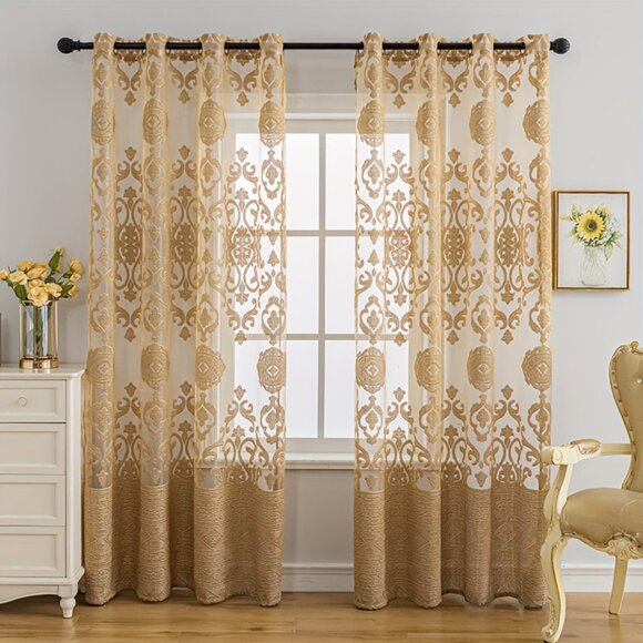 2Panels Vintage Luxe Golden Jacquard Sheer Curtains With Grommet Top - Picture 9 of 12